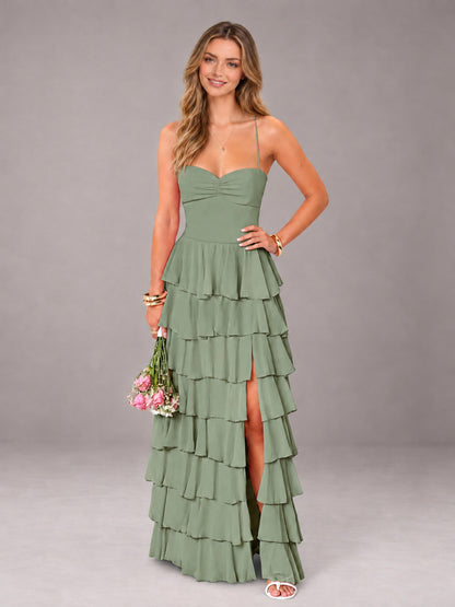 Sage Green Sweetheart Neck Spaghetti Straps Pleated Floor Length Bridesmaid Dress