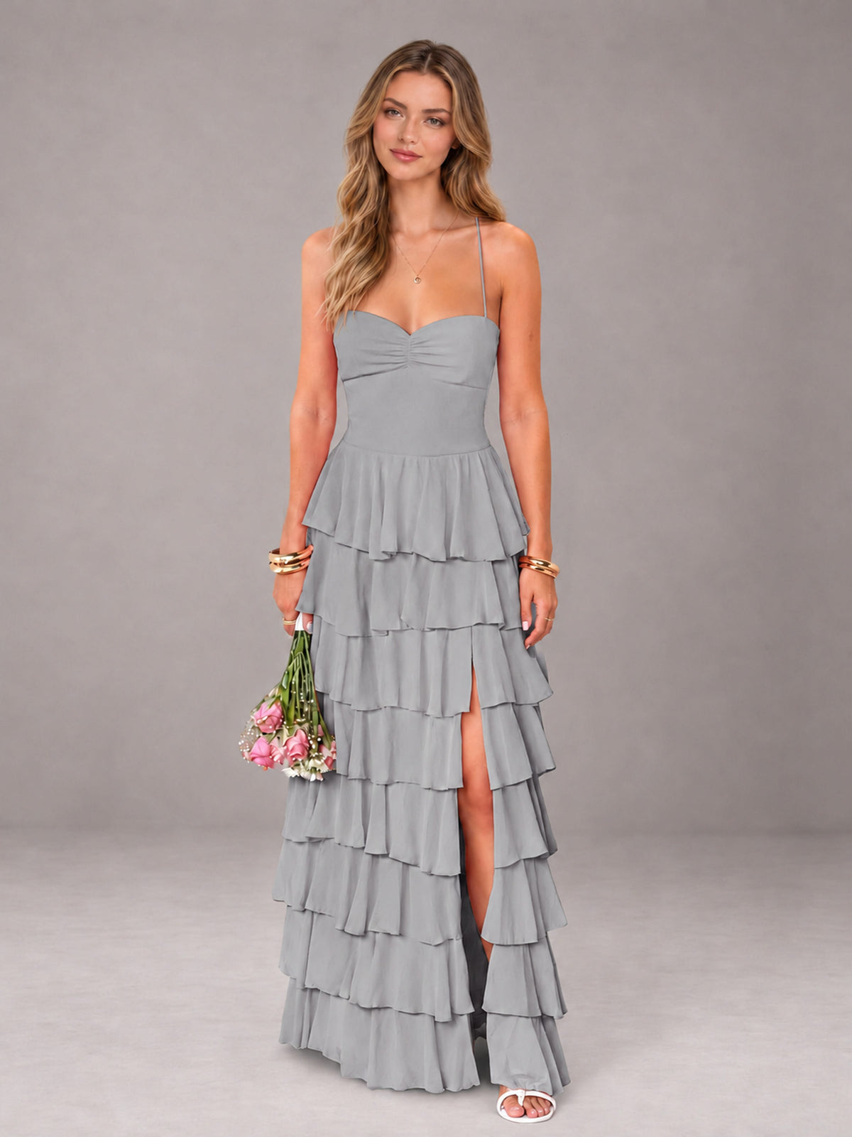Silver Sweetheart Neck Spaghetti Straps Pleated Floor Length Bridesmaid Dress