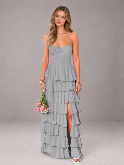 Silver Sweetheart Neck Spaghetti Straps Pleated Floor Length Bridesmaid Dress