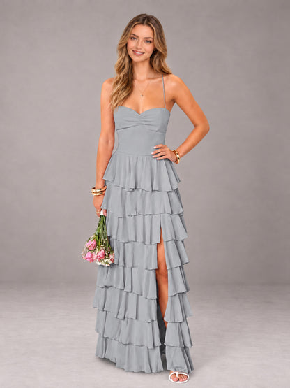 Silver Sweetheart Neck Spaghetti Straps Pleated Floor Length Bridesmaid Dress