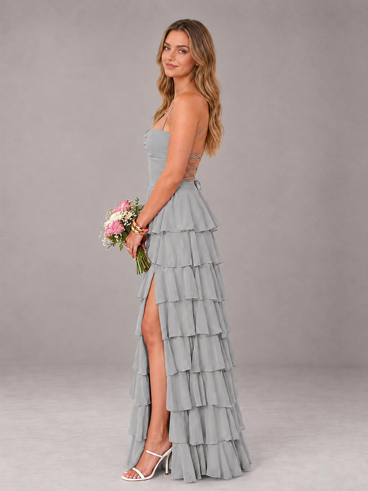 Silver Sweetheart Neck Spaghetti Straps Pleated Floor Length Bridesmaid Dress