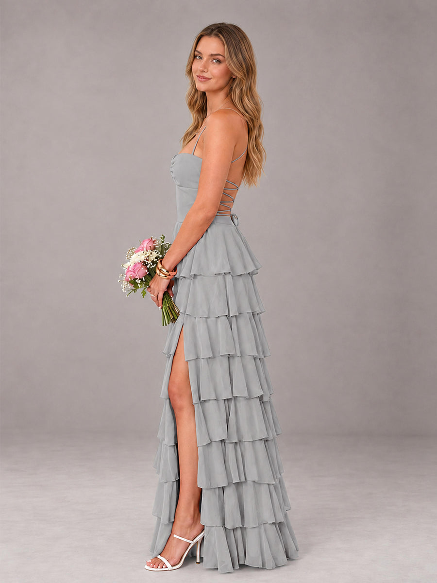 Silver Sweetheart Neck Spaghetti Straps Pleated Floor Length Bridesmaid Dress