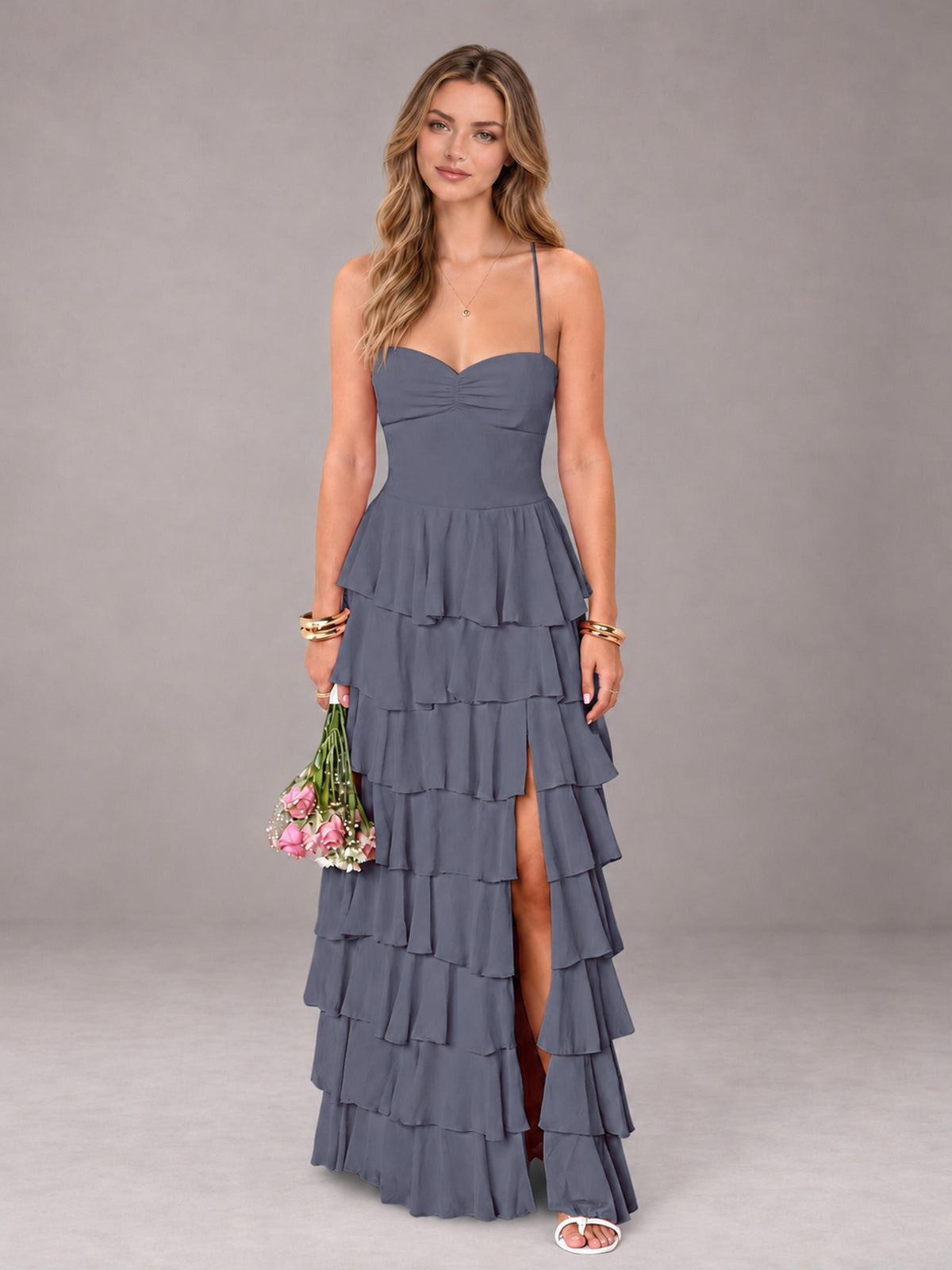 Stormy Blue Sweetheart Neck Spaghetti Straps Pleated Floor Length Bridesmaid Dress