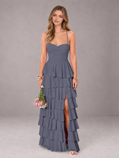 Stormy Blue Sweetheart Neck Spaghetti Straps Pleated Floor Length Bridesmaid Dress