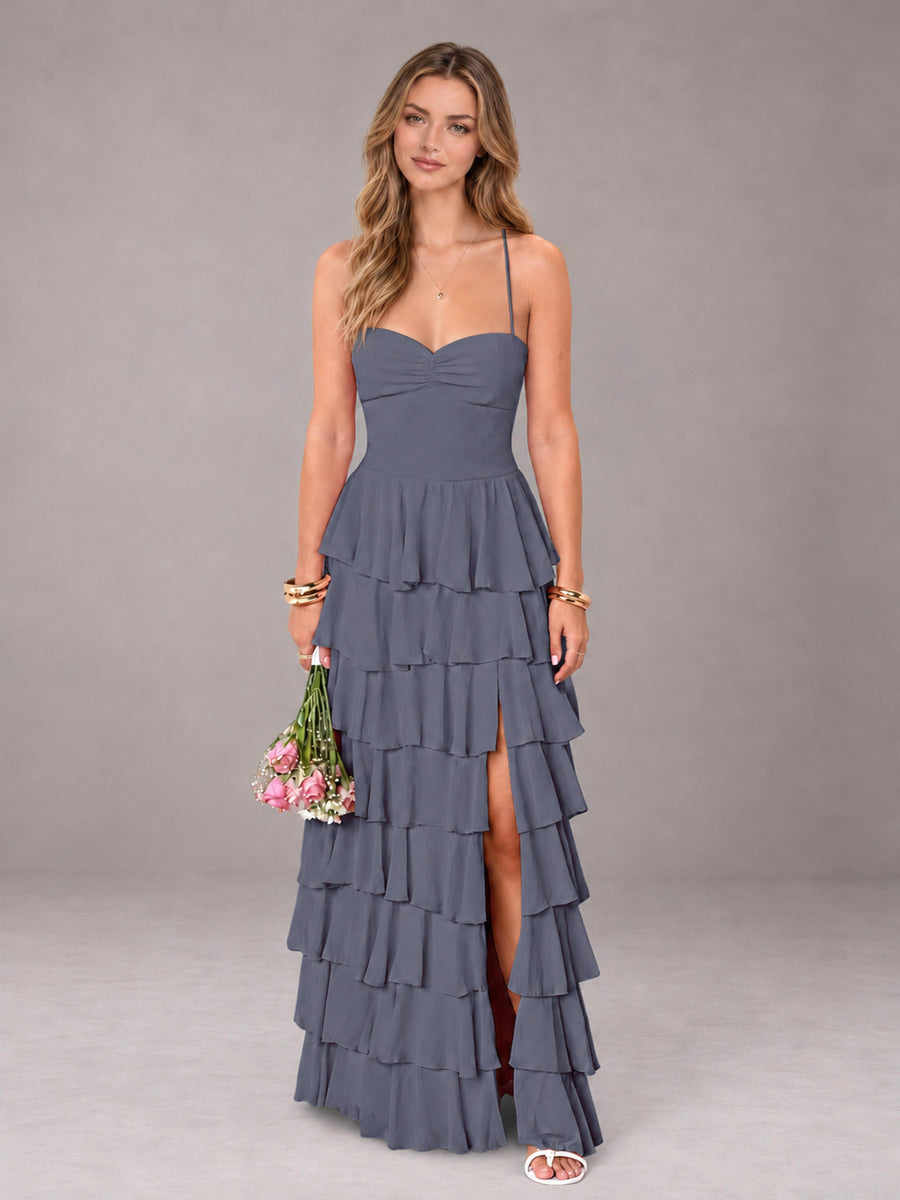 Stormy Blue Sweetheart Neck Spaghetti Straps Pleated Floor Length Bridesmaid Dress