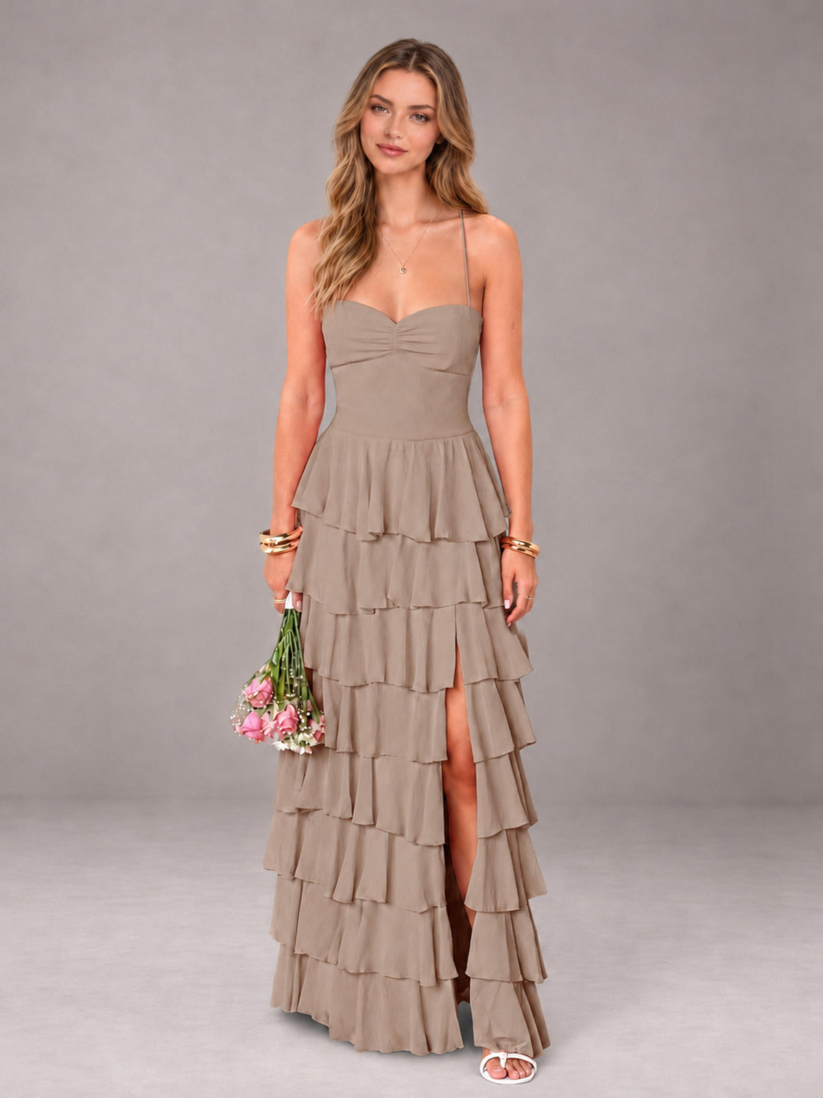Taupe Sweetheart Neck Spaghetti Straps Pleated Floor Length Bridesmaid Dress