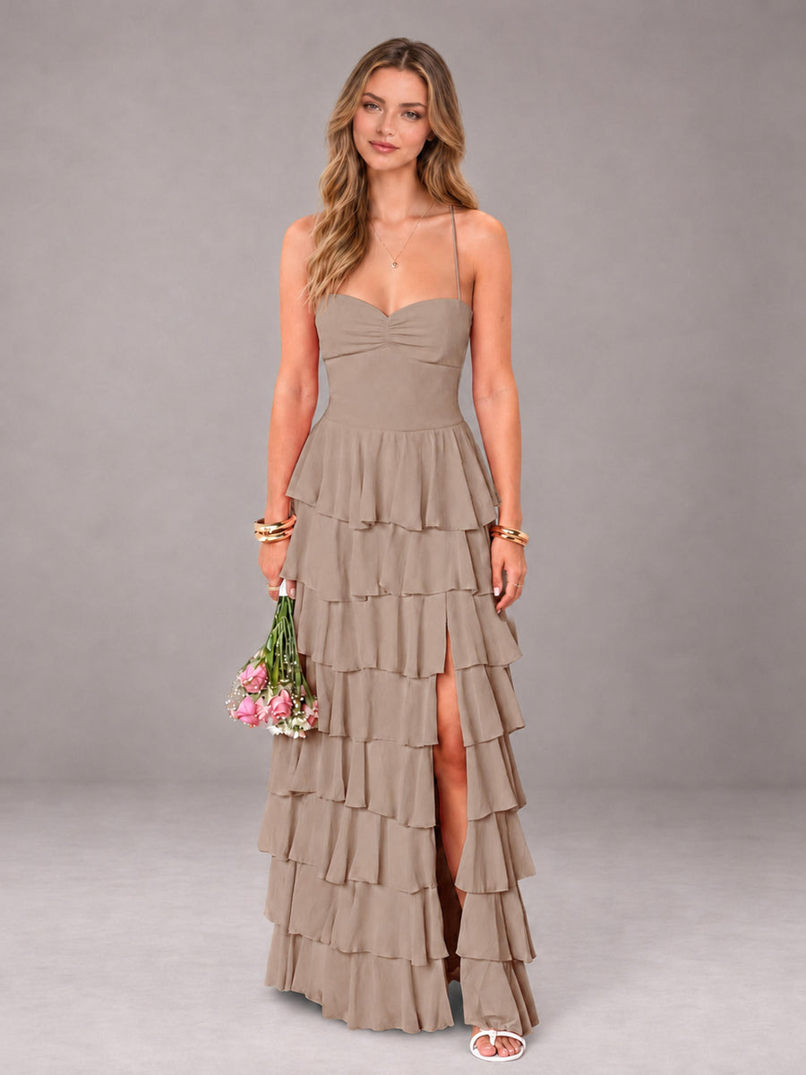 Taupe Sweetheart Neck Spaghetti Straps Pleated Floor Length Bridesmaid Dress