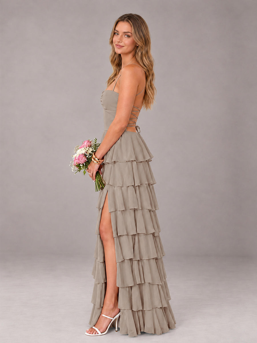 Taupe Sweetheart Neck Spaghetti Straps Pleated Floor Length Bridesmaid Dress