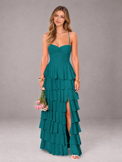 Teal Sweetheart Neck Spaghetti Straps Pleated Floor Length Bridesmaid Dress
