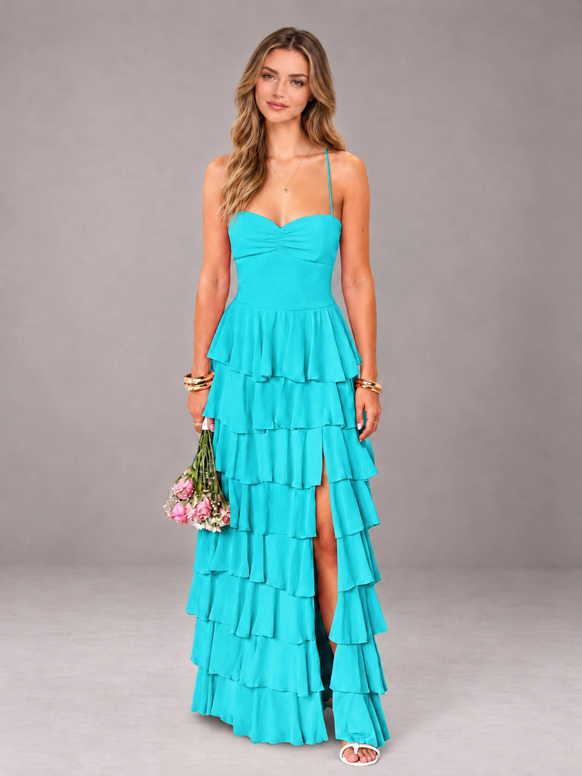 Turquoise Sweetheart Neck Spaghetti Straps Pleated Floor Length Bridesmaid Dress