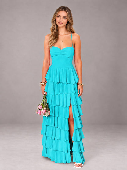 Turquoise Sweetheart Neck Spaghetti Straps Pleated Floor Length Bridesmaid Dress