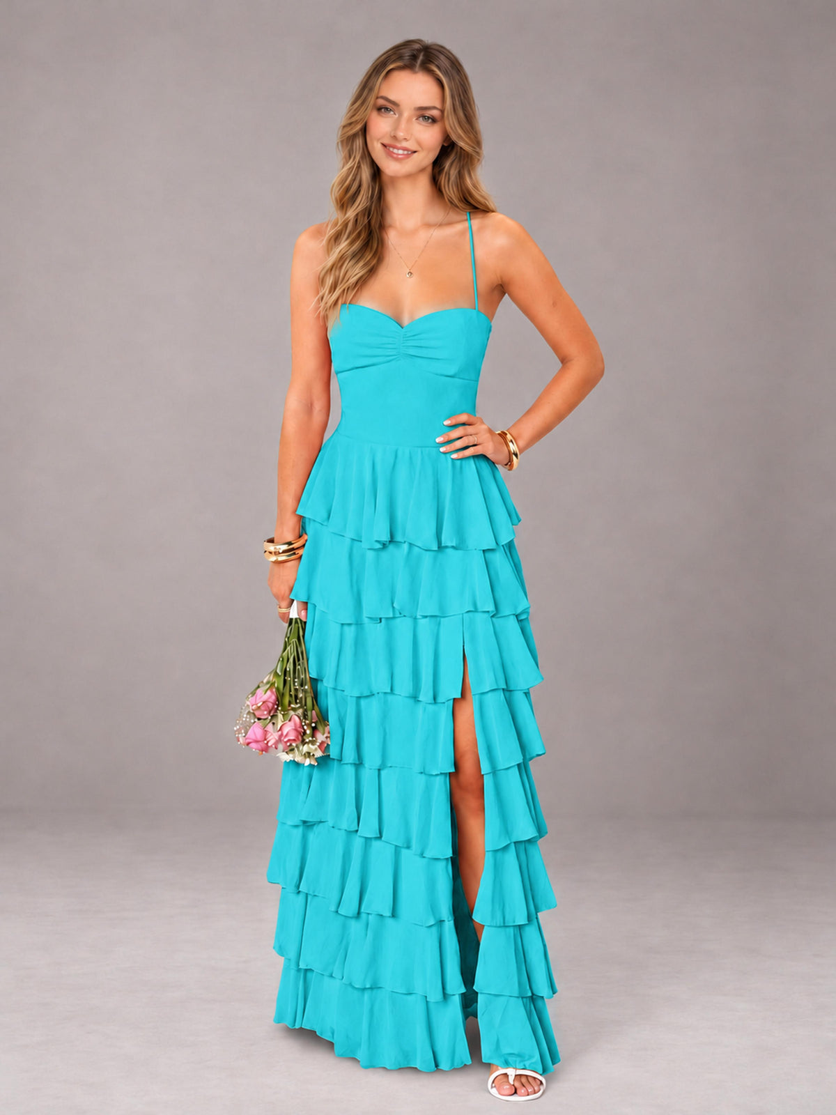 Turquoise Sweetheart Neck Spaghetti Straps Pleated Floor Length Bridesmaid Dress