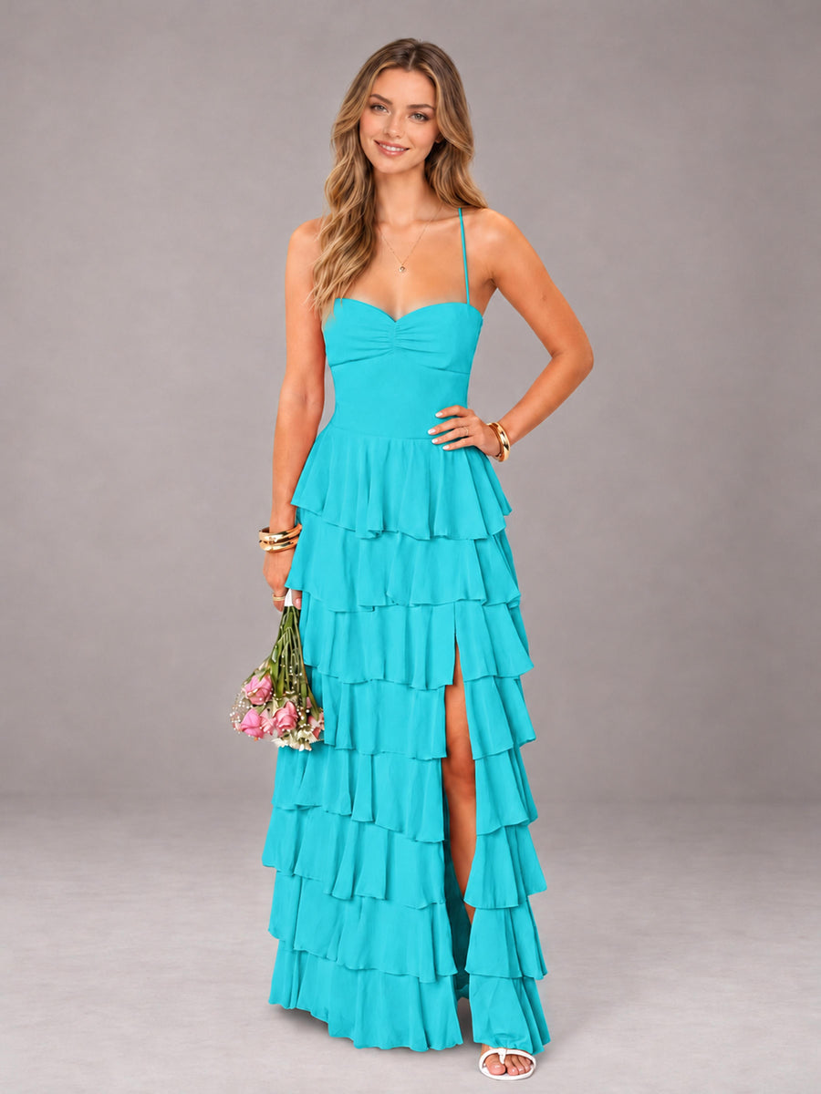 Turquoise Sweetheart Neck Spaghetti Straps Pleated Floor Length Bridesmaid Dress