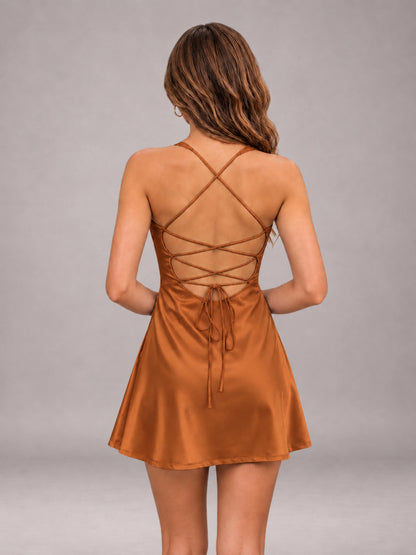 Burnt Orange Sweetheart Stretch Satin Ruffled Mini Lace-Up Back Homecoming Dresses