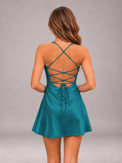 Peacock Sweetheart Stretch Satin Ruffled Mini Lace-Up Back Homecoming Dresses