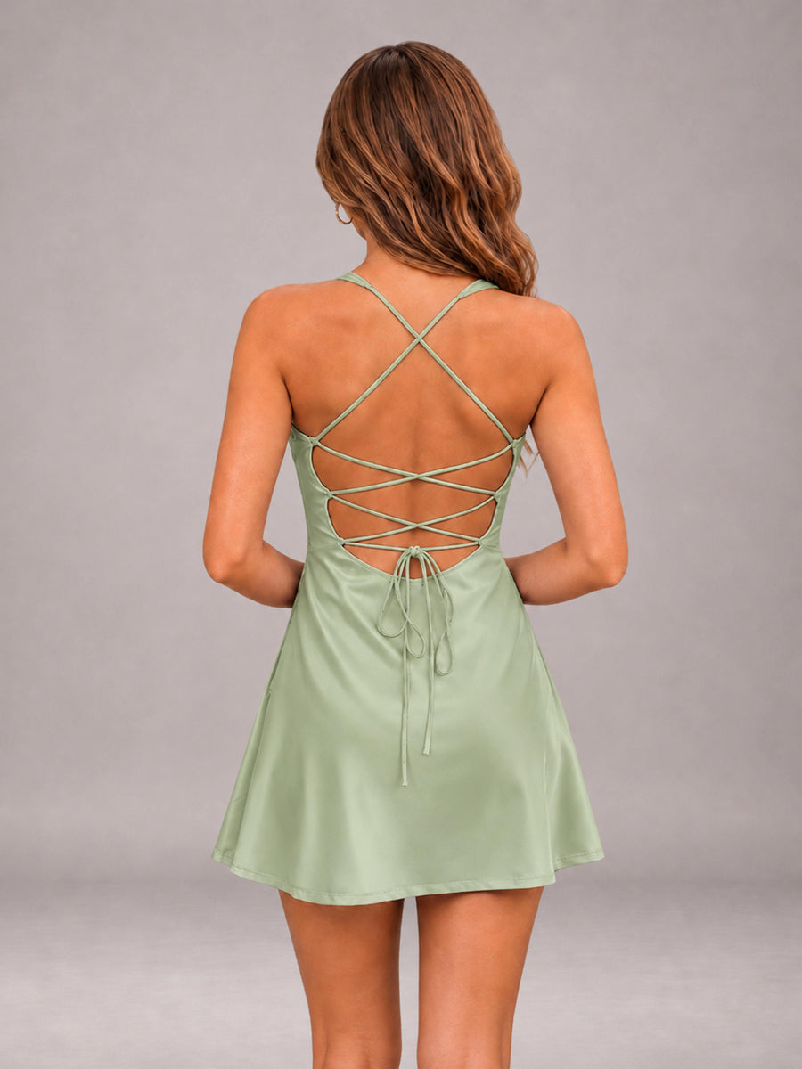 Sage Green Sweetheart Stretch Satin Ruffled Mini Lace-Up Back Homecoming Dresses