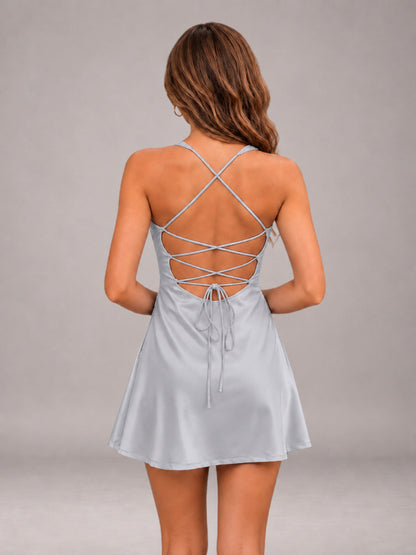 Silver Sweetheart Stretch Satin Ruffled Mini Lace-Up Back Homecoming Dresses