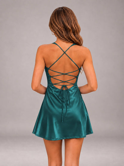 Teal Sweetheart Stretch Satin Ruffled Mini Lace-Up Back Homecoming Dresses