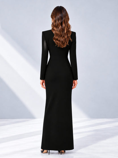 Black Tailored Fit Double Breasted Peak Lapel Floor-Length Women's Blazer