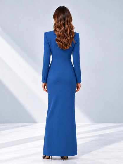 Blue Tailored Fit Double Breasted Peak Lapel Floor-Length Women's Blazer