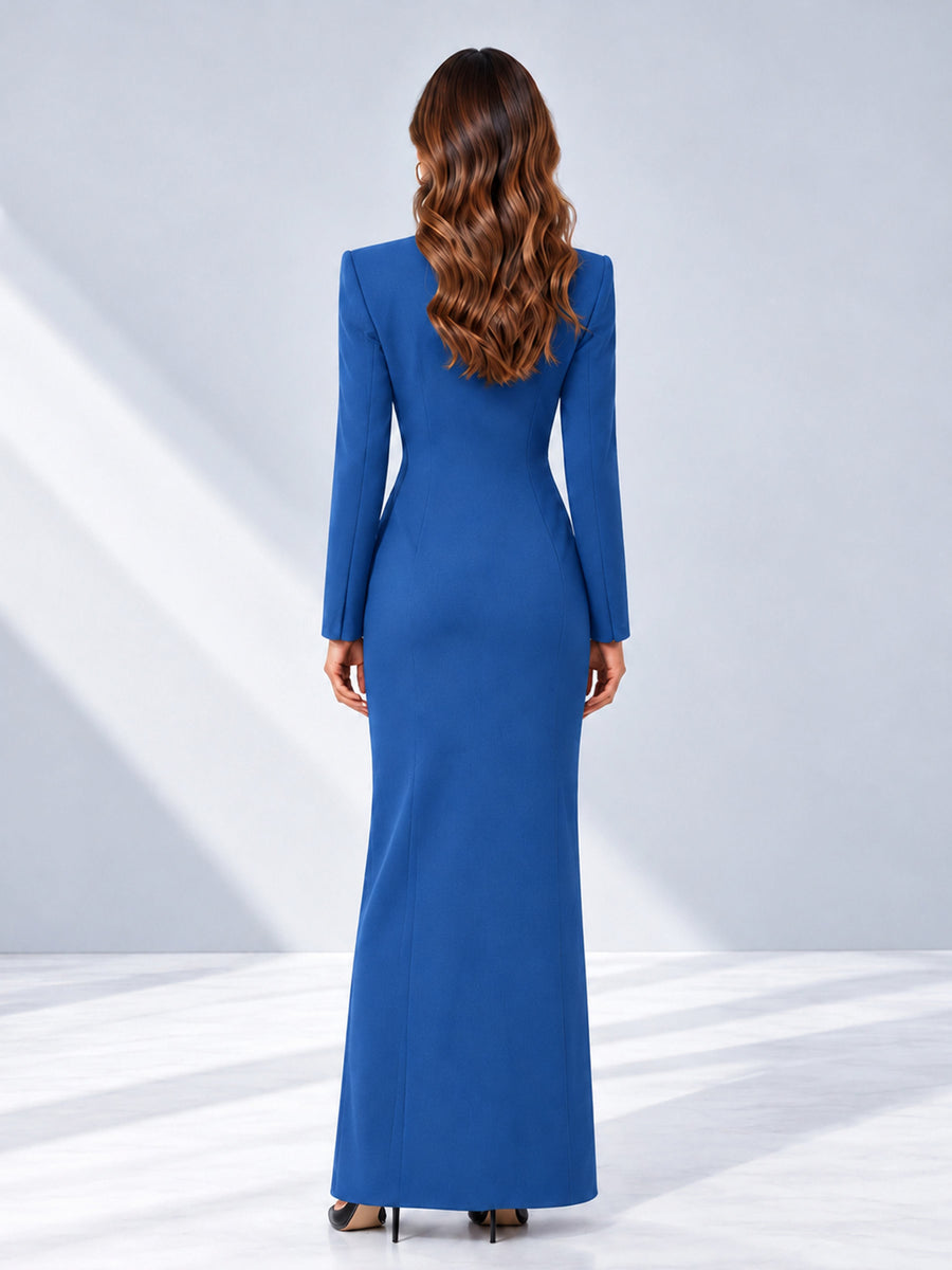 Blue Tailored Fit Double Breasted Peak Lapel Floor-Length Women's Blazer