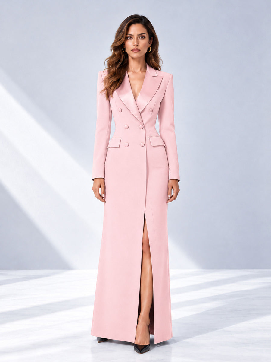 Blush Pink Tailored Fit Double Breasted Peak Lapel Floor-Length Women's Blazer