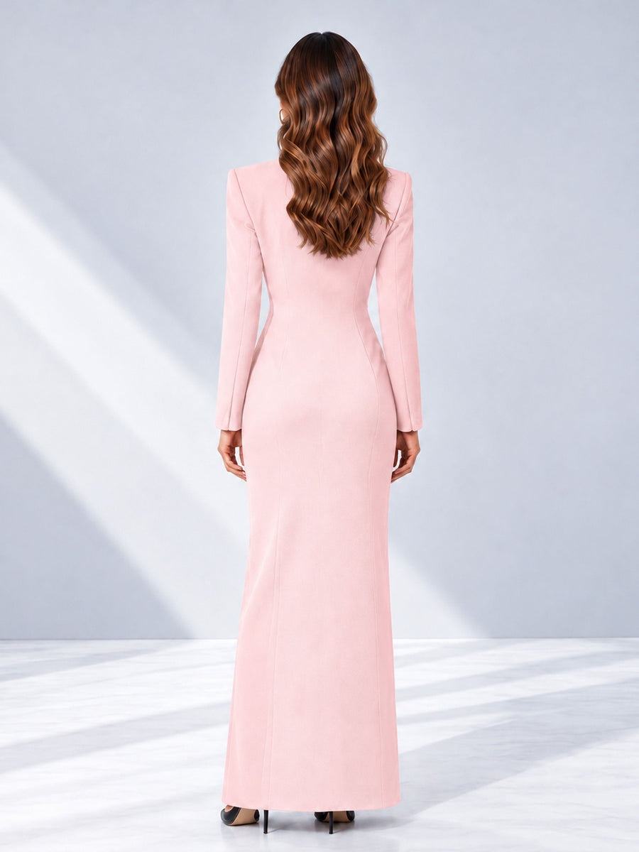 Blush Pink Tailored Fit Double Breasted Peak Lapel Floor-Length Women's Blazer
