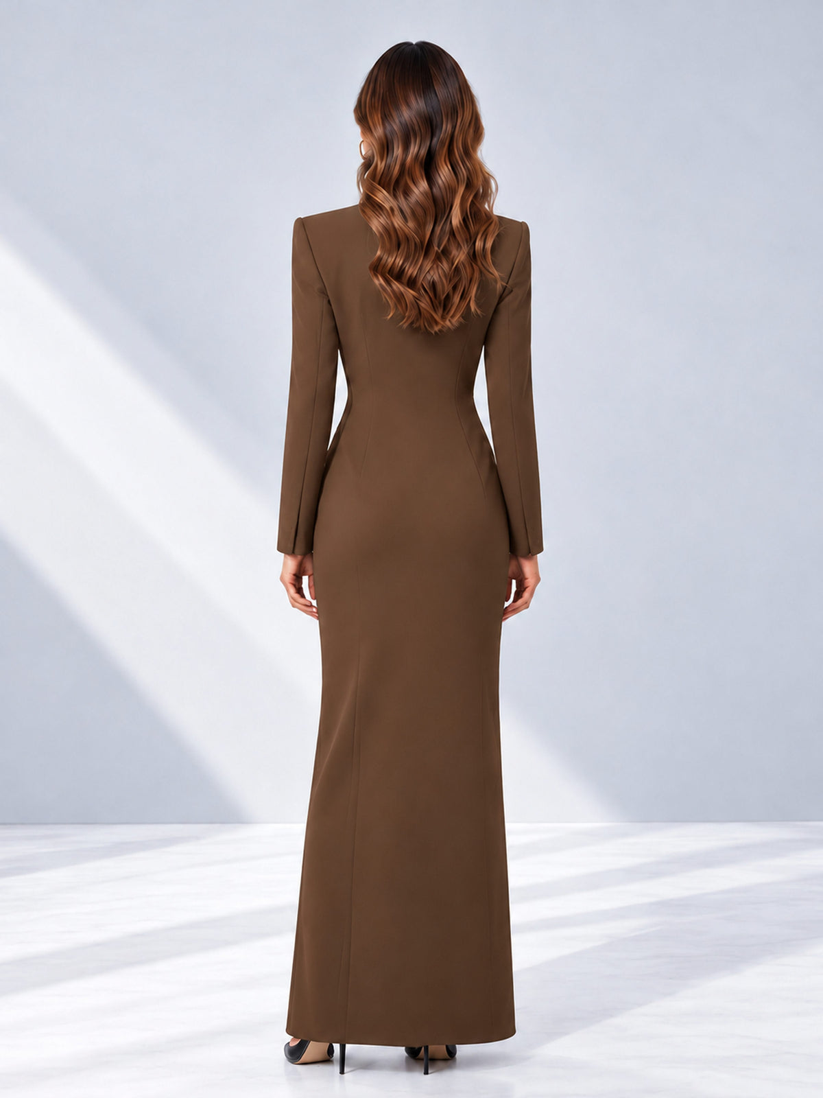 Brown Tailored Fit Double Breasted Peak Lapel Floor-Length Women's Blazer