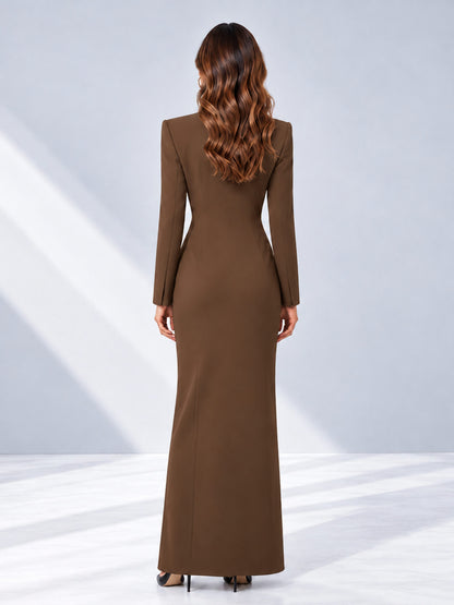 Brown Tailored Fit Double Breasted Peak Lapel Floor-Length Women's Blazer