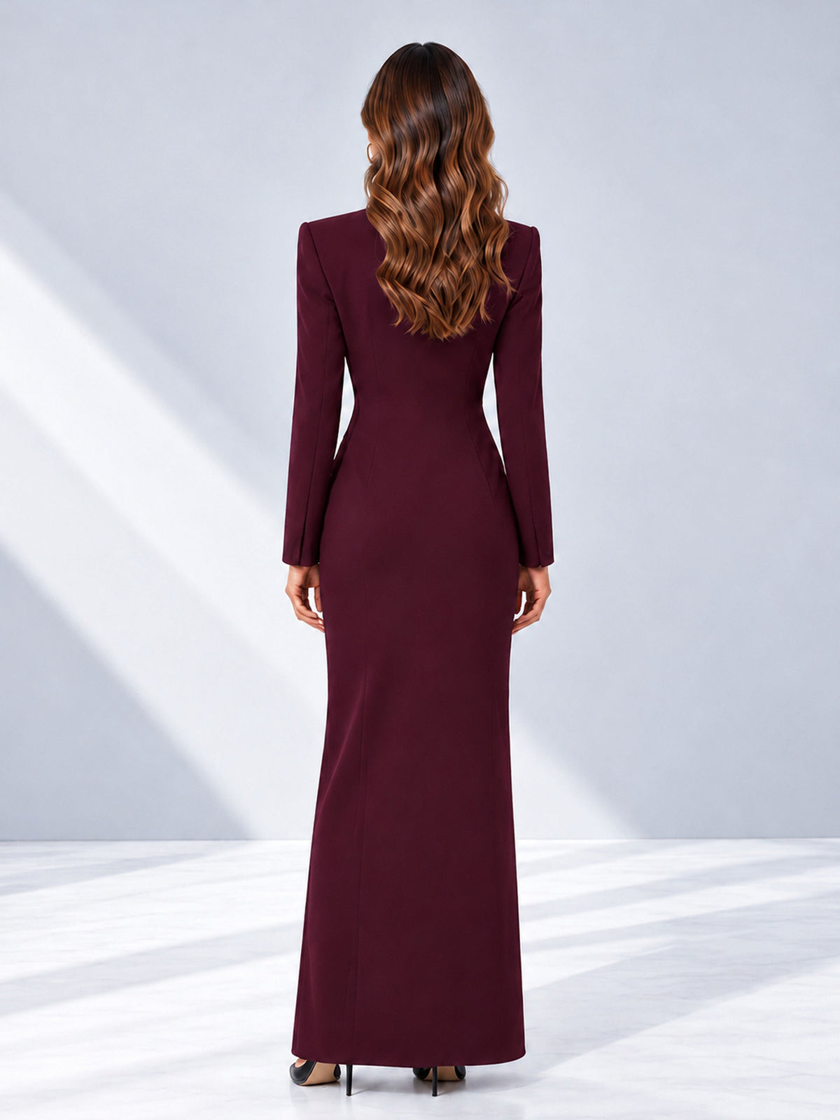 Burgundy Tailored Fit Double Breasted Peak Lapel Floor-Length Women's Blazer
