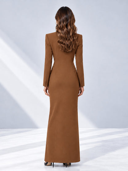 Burnt Orange Tailored Fit Double Breasted Peak Lapel Floor-Length Women's Blazer