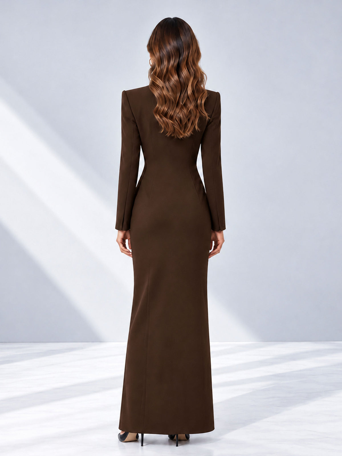 Chocolate Tailored Fit Double Breasted Peak Lapel Floor-Length Women's Blazer
