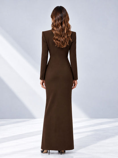 Chocolate Tailored Fit Double Breasted Peak Lapel Floor-Length Women's Blazer