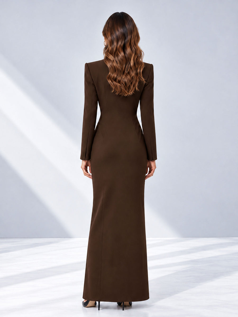 Chocolate Tailored Fit Double Breasted Peak Lapel Floor-Length Women's Blazer