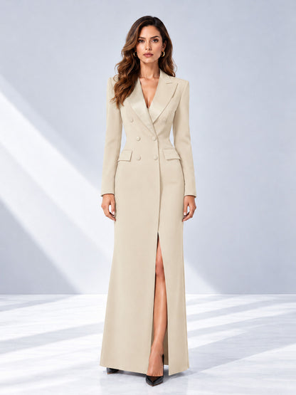 Cream Tailored Fit Double Breasted Peak Lapel Floor-Length Women's Blazer
