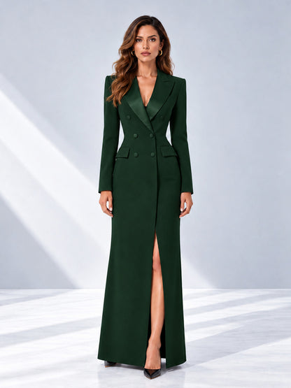 Dark Green Tailored Fit Double Breasted Peak Lapel Floor-Length Women's Blazer