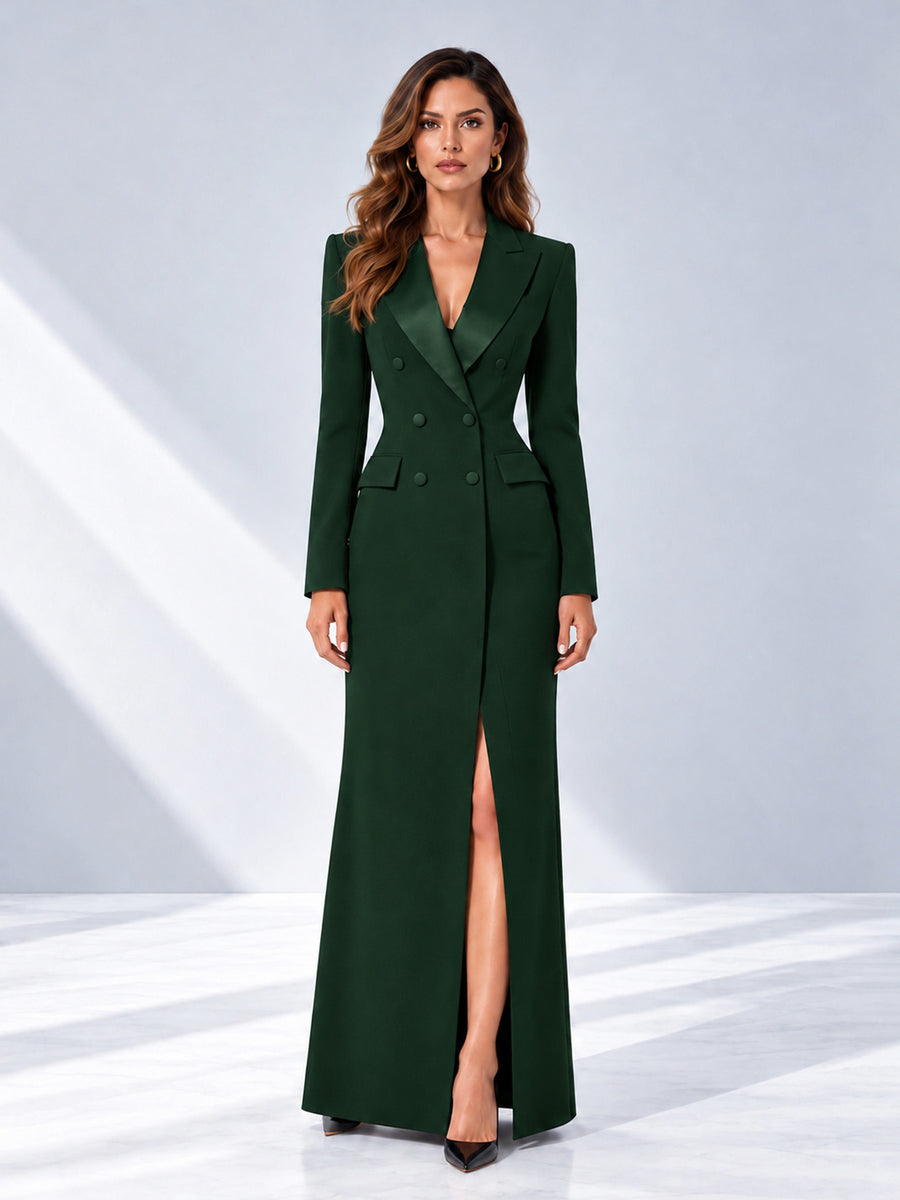 Dark Green Tailored Fit Double Breasted Peak Lapel Floor-Length Women's Blazer