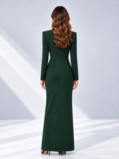 Dark Green Tailored Fit Double Breasted Peak Lapel Floor-Length Women's Blazer