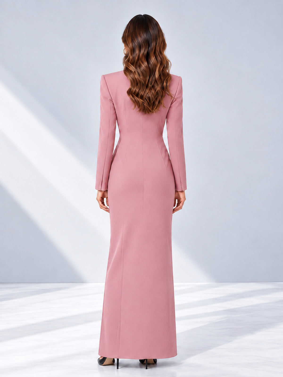 Dusty Rose Tailored Fit Double Breasted Peak Lapel Floor-Length Women's Blazer