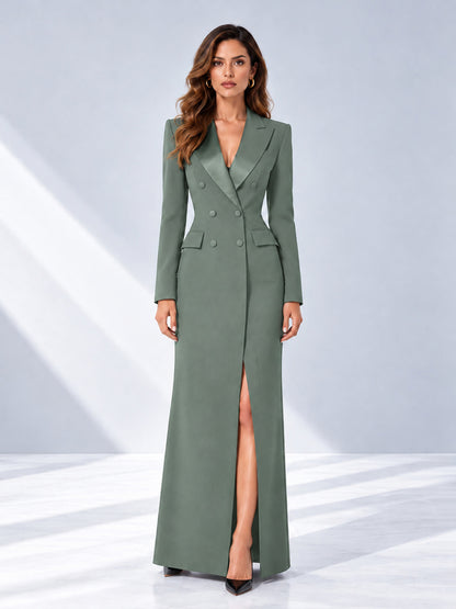 Eucalyptus Tailored Fit Double Breasted Peak Lapel Floor-Length Women's Blazer