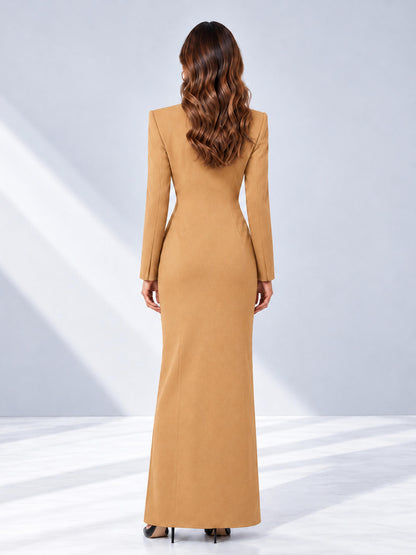 Gold Tailored Fit Double Breasted Peak Lapel Floor-Length Women's Blazer