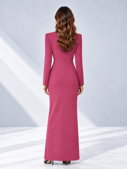 Hot Pink Tailored Fit Double Breasted Peak Lapel Floor-Length Women's Blazer