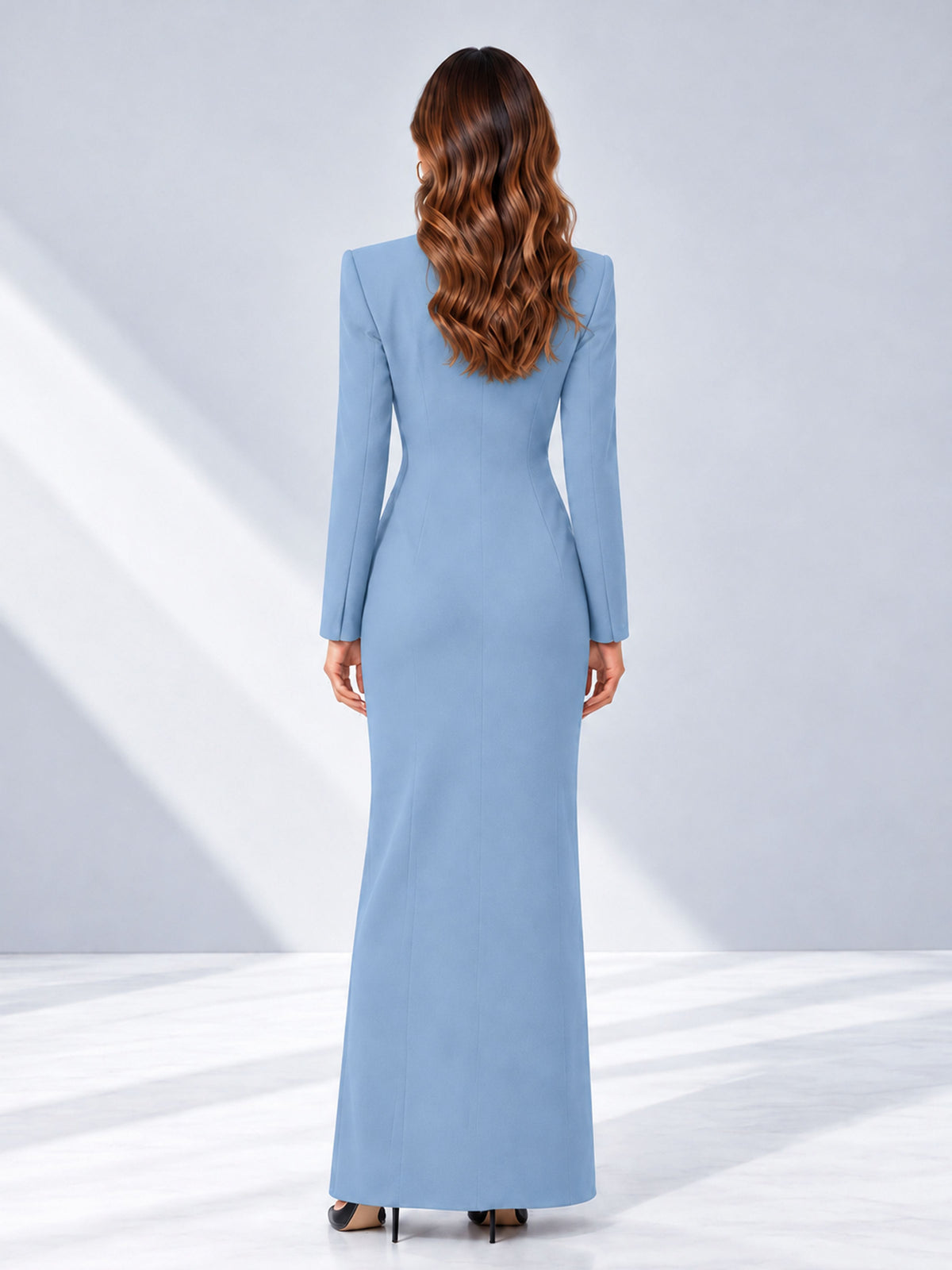 Light Blue Tailored Fit Double Breasted Peak Lapel Floor-Length Women's Blazer