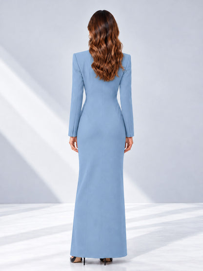 Light Blue Tailored Fit Double Breasted Peak Lapel Floor-Length Women's Blazer