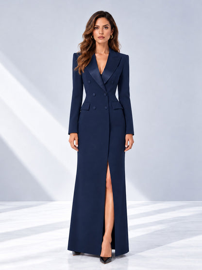 Navy Blue Tailored Fit Double Breasted Peak Lapel Floor-Length Women's Blazer
