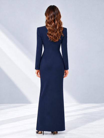 Navy Blue Tailored Fit Double Breasted Peak Lapel Floor-Length Women's Blazer