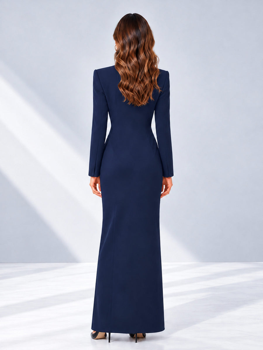 Navy Blue Tailored Fit Double Breasted Peak Lapel Floor-Length Women's Blazer
