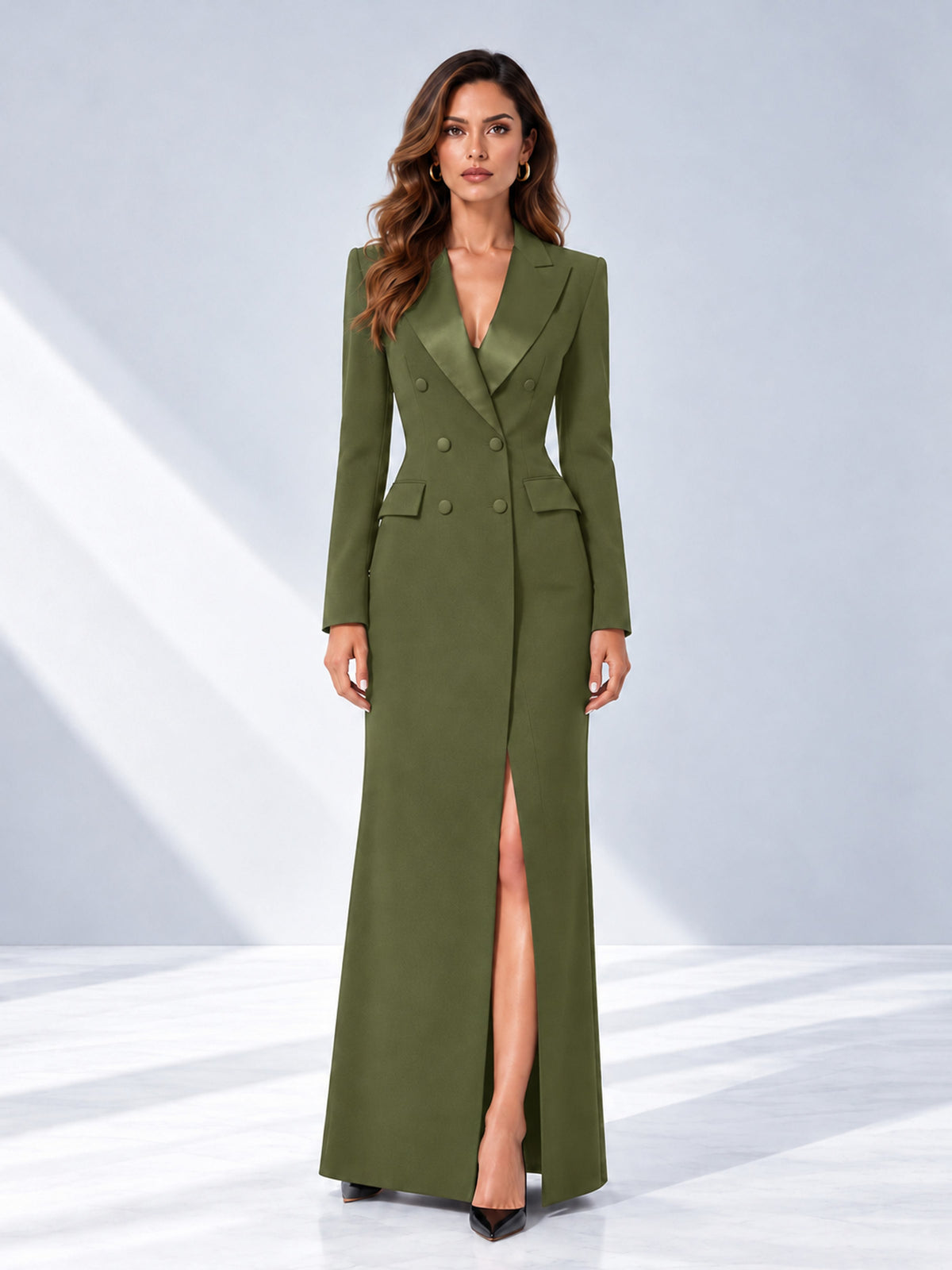 Olive Green Tailored Fit Double Breasted Peak Lapel Floor-Length Women's Blazer