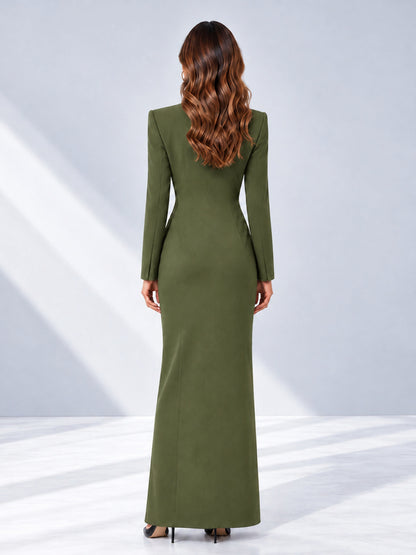 Olive Green Tailored Fit Double Breasted Peak Lapel Floor-Length Women's Blazer