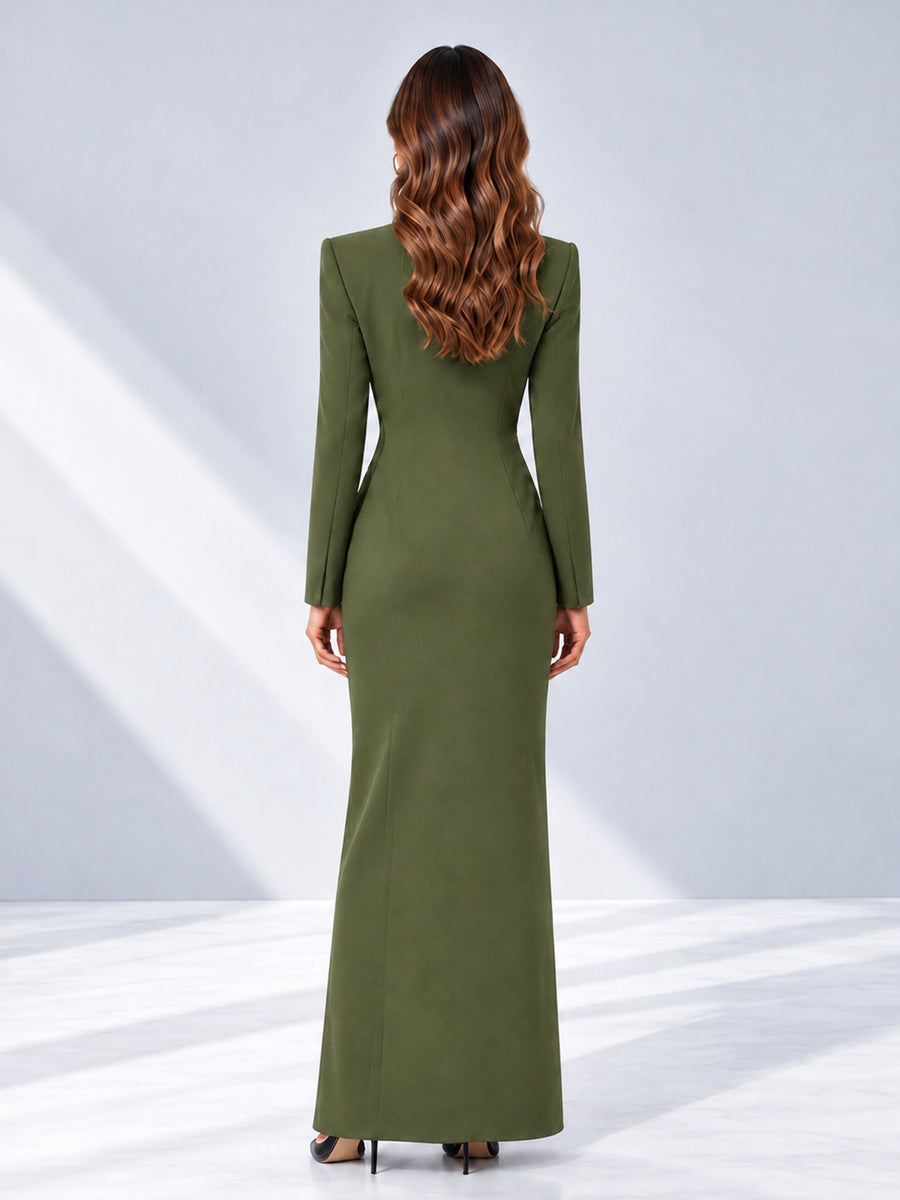 Olive Green Tailored Fit Double Breasted Peak Lapel Floor-Length Women's Blazer